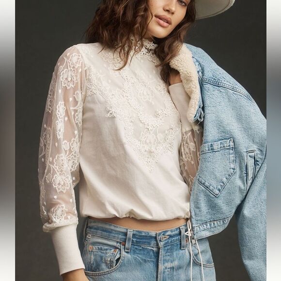 Anthropologie x Tiny Oriana Long Sleeve Lace Top in Ivory - Picture 1 of 8